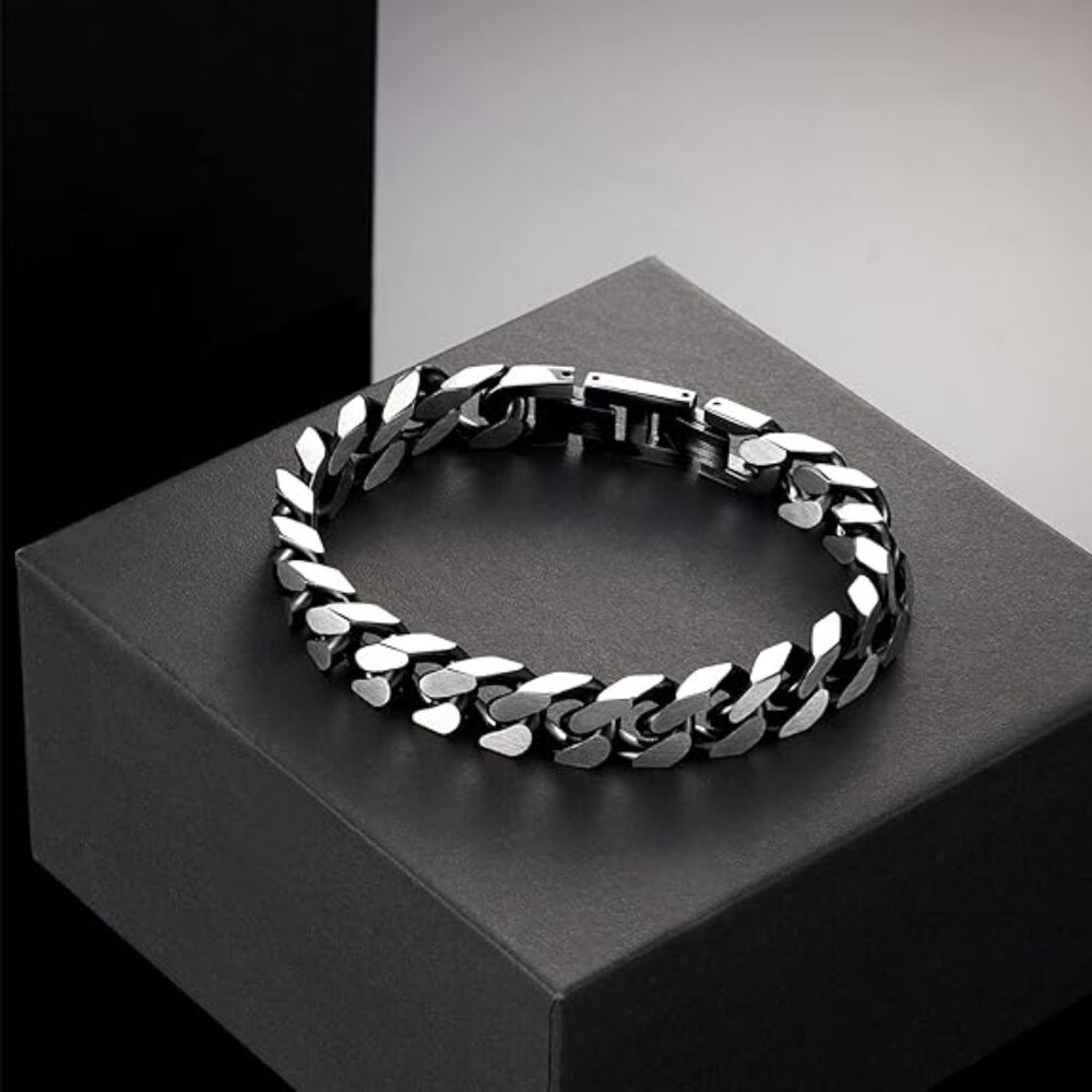 Men’s Stainless Steel Cuban Chain Bracelet – Hypoallergenic, Fold-Over Clasp